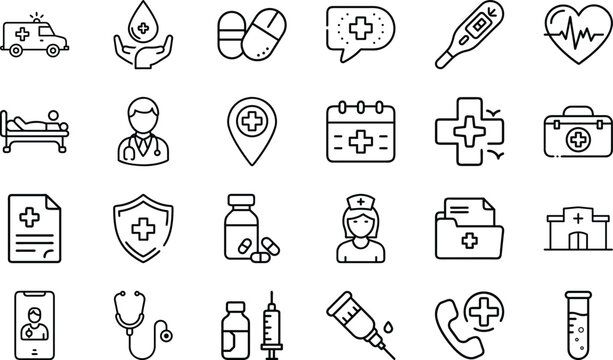 Healthcare and Medical Line Icons Set &ndash; Ambulance, Pills, Doctor, Nurse, Hospital, First Aid, Medicine, Stethoscope, Injection, Test Tube, Telemedicine, Health Insurance and Pharmacy Vector