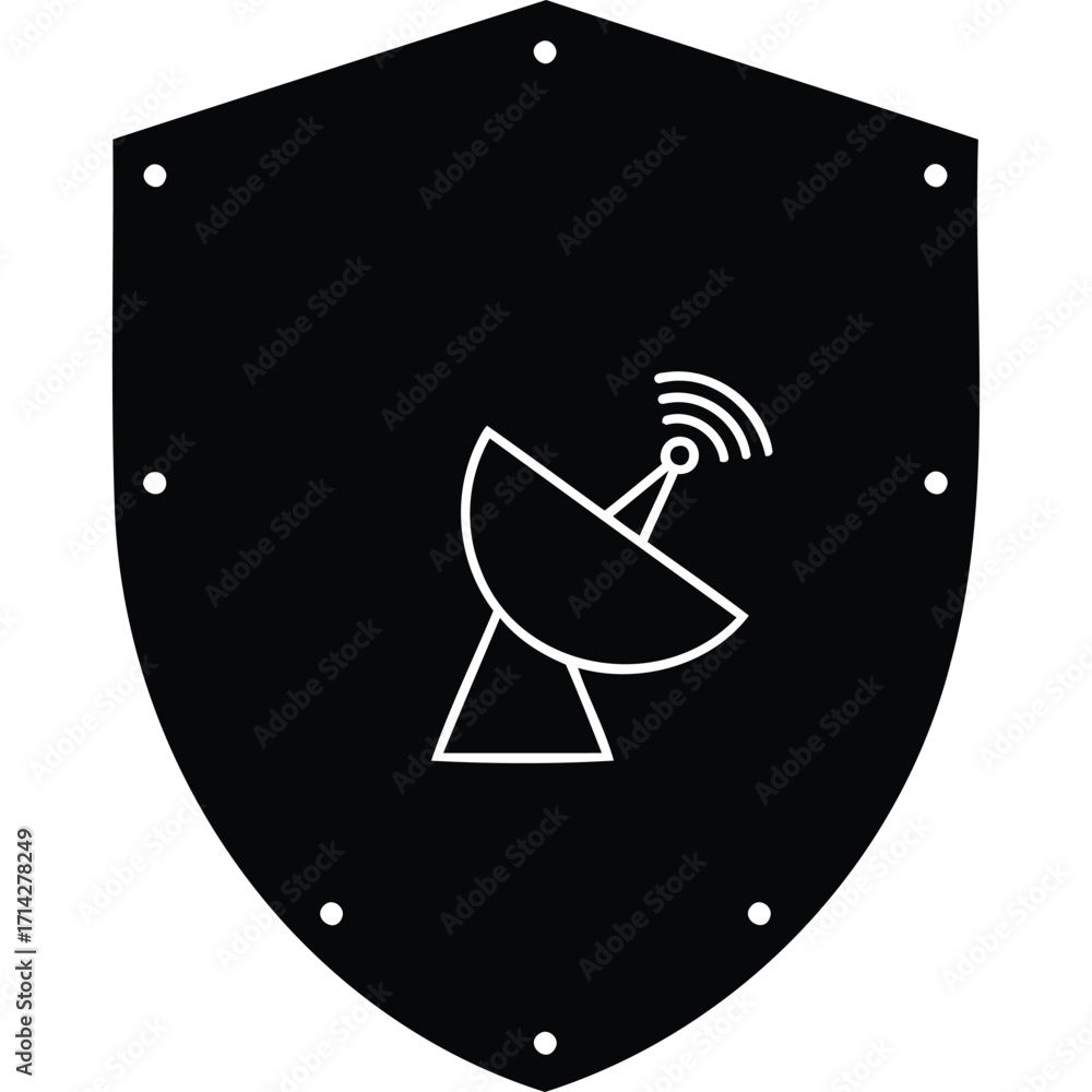 Poster a black shield with a white satellite dish icon centered on it representing secure communication sys
