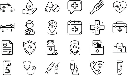 Healthcare and Medical Line Icons Set – Ambulance, Pills, Doctor, Nurse, Hospital, First Aid, Medicine, Stethoscope, Injection, Test Tube, Telemedicine, Health Insurance and Pharmacy Vector