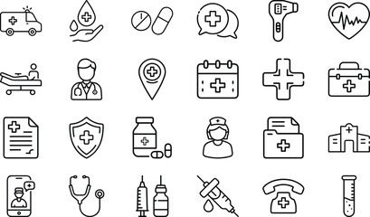 Healthcare and Medical Line Icons Set – Ambulance, Pills, Doctor, Nurse, Hospital, First Aid, Medicine, Stethoscope, Injection, Test Tube, Telemedicine, Health Insurance and Pharmacy Vector