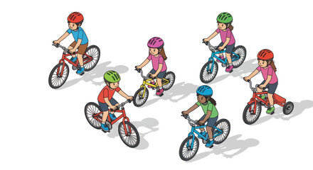 Cartoon children riding colorful bicycles with helmets.