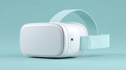 A white virtual reality headset with a blue strap