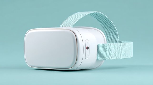 A white virtual reality headset with a blue strap