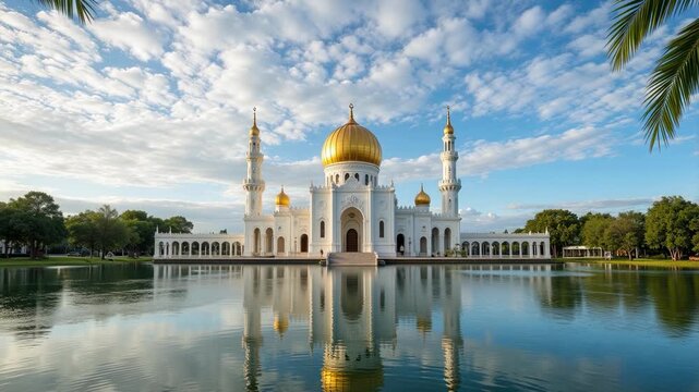 Majestic Omar Ali Saifuddien Mosque in Brunei under dramatic clouds 4k video, travel inspiration, cultural landmark, serene beauty, Southeast Asia