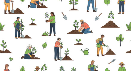Diverse People Planting Trees in a Seamless Pattern.