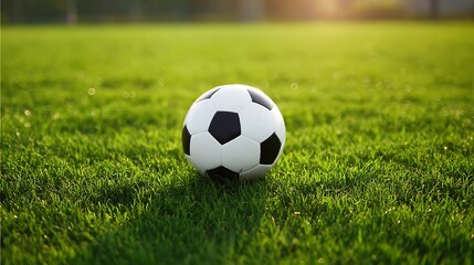 Fototapeta premium Soccer ball on the green grass field in the stadium with sunlight flare