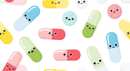 Colorful Cartoon Pills and Capsules with Smiling Faces.
