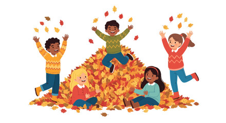 Children Playing in a Pile of Autumn Leaves Throwing Leaves in the Air.