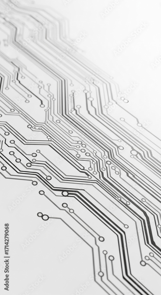 Poster abstract grayscale image of circuit board pattern, diagonal lines and nodes, suggesting technology, 