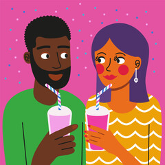 Man and woman enjoying drinks together. Couple with beverages on a date. Flat style illustration for social media, advertising, or celebratory greeting card.