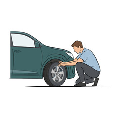 Man inspecting a flat car tire on the side of the road