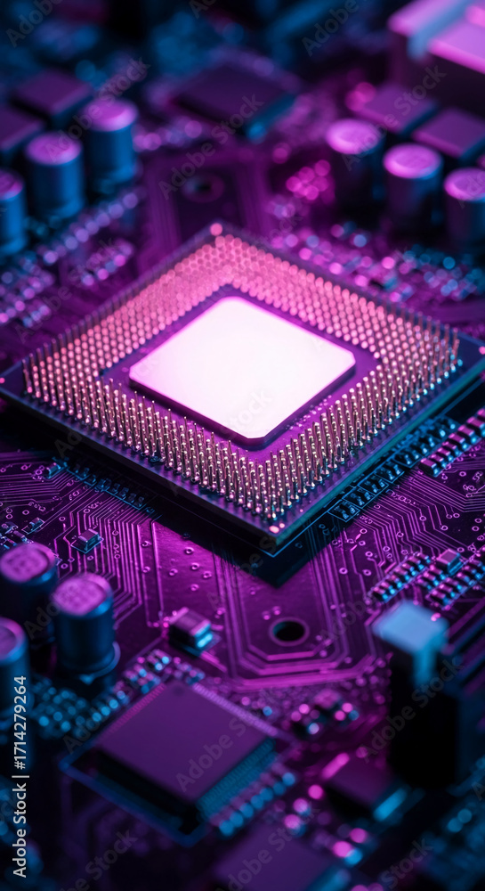 Poster close-up of microprocessor on circuit board, illuminated in purple and blue light, showcasing techno