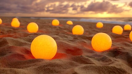 palette. Sunset beach with glowing spherical lights, creating a dreamy atmosphere through abstract bokeh effects. inspiring travel planning.