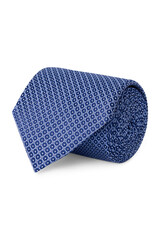 Rolled navy blue necktie with geometric pattern on a white background