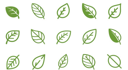 Collection of stylized green leaf icons with vein details.