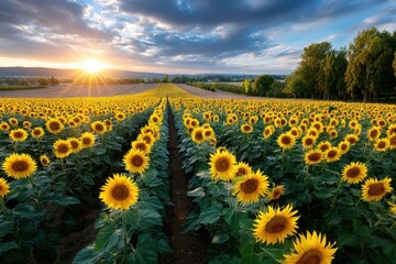 Fototapeta premium Golden Sunflower Field at Sunset with Cloudy Sky
