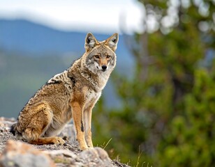 Obraz premium Coyotes sit on rocky outcrop