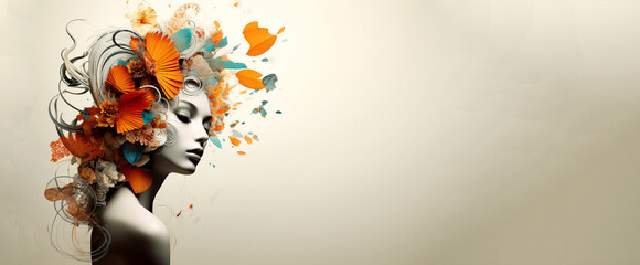 abstract woman flowers art banner. female portrait modern design. creative femininity copy space. a woman with flowers, in a modern style, with plenty of room for a headline