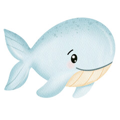 Watercolor Cute whale. Under the sea.