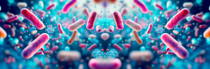 Vibrant 3D illustration of colorful bacteria and viruses, perfect for medical, science, or educational stock content. High-quality digital art. Immune system banner with copy space