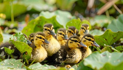 Ducklings nestled in lily pads