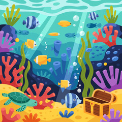 Vibrant underwater world teeming with sea life and hidden treasure chest scene