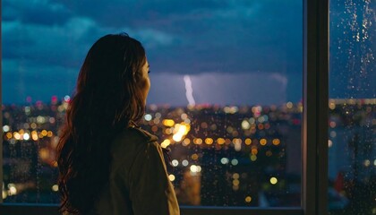 Woman gazing at stormy cityscape