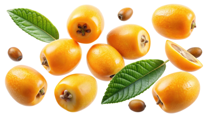 A vibrant collection of ripe loquats with fresh green leaves scattered on a transparent background isolated on transparent background