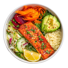 Healthy salmon and vegetable bowl with quinoa isolated on transparent background