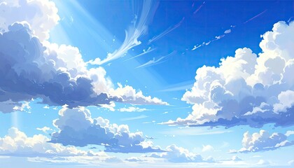 Vibrant Blue Sky with Fluffy White Clouds Pixel Art Style and Sun Rays Casting Soft Light over the Horizon with Gentle Atmospheric Perspective