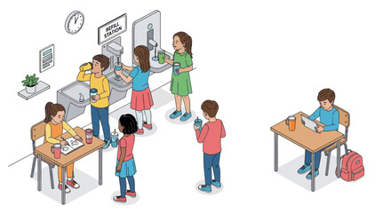 Children Interacting in a School Environment Drinking Water and Working.