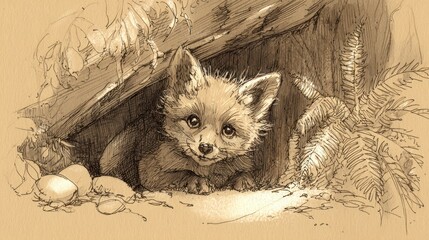 A Curious Fox Kit Peeking from its Burrow
