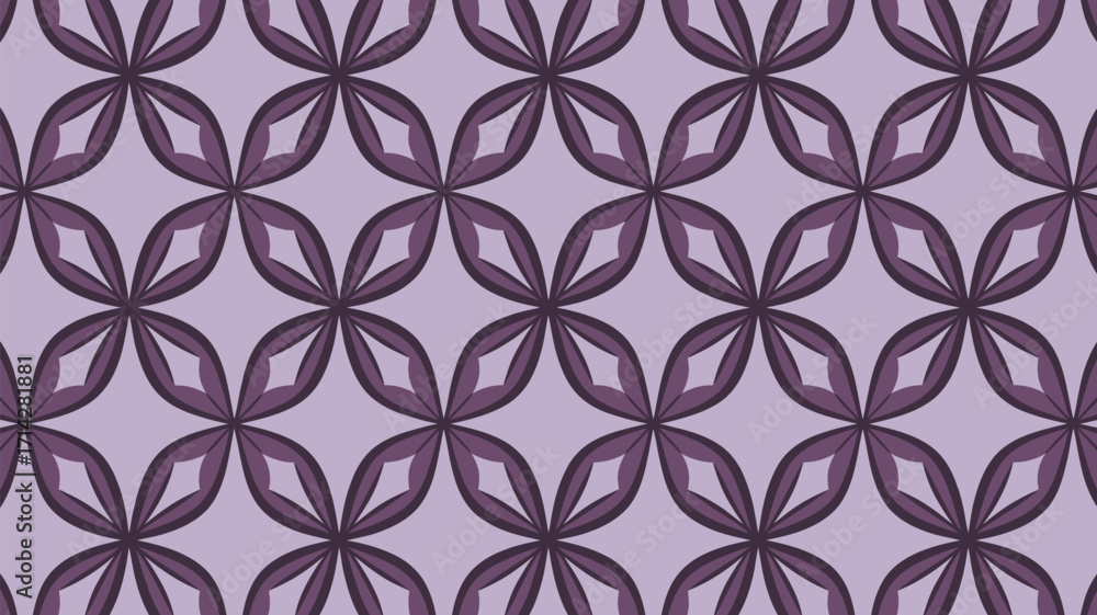 Poster repeating floral pattern with rounded petals in shades of purple and lavender creating an abstract d