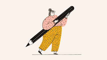 Cartoon doodle of a woman carrying an oversized pencil symbolizing creativity, learning and education