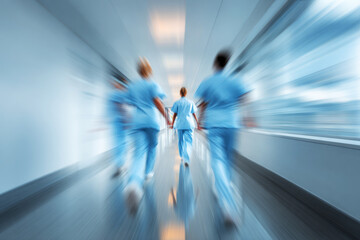 Male and female nurse rush to an emergency with motion blur in hospital