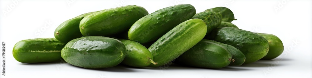 Poster fresh green cucumbers clustered on clean white background displaying ripeness