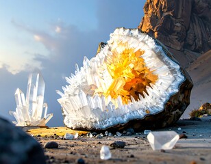 Massive crystal geode in a mountainous landscape