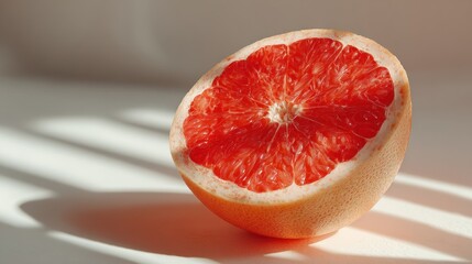 Striking half grapefruit closeup with vibrant color and natural light patterns