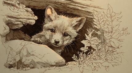 A Curious Fox Kit Peeking from its Den