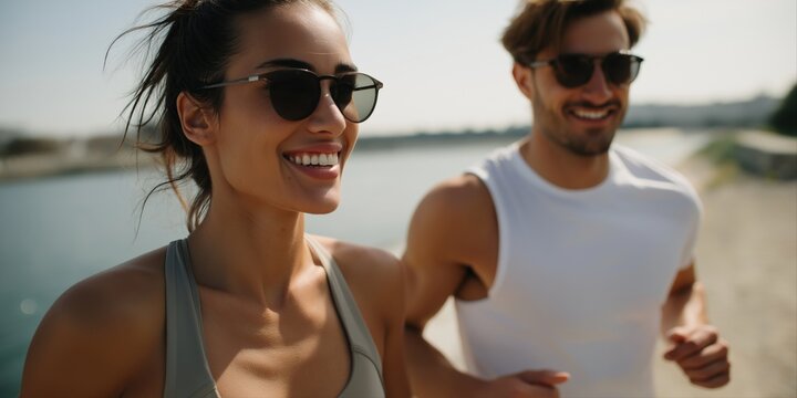 Young caucasian couple enjoying a sunny beach run in sunglasses