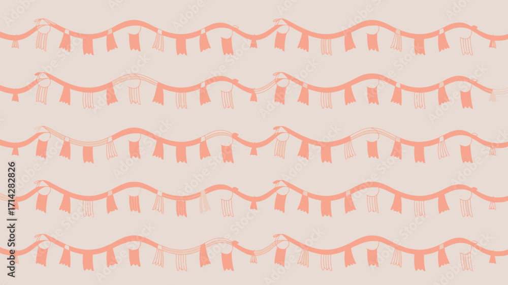 Poster peach colored wavy lines with flag like shapes on a cream background in a repeating pattern design