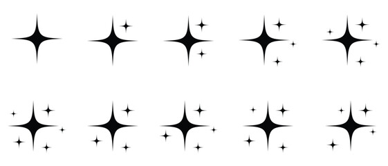 Shine star sparkle vector set. Shine or sparkle vector set of ten various stars. Abstract vector glow, Set of shiny sparkle, star and sun shapes. Vector illustration.