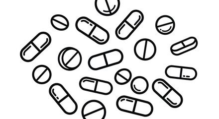 A collection of various white pills and capsules illustrated in a simple line art style.