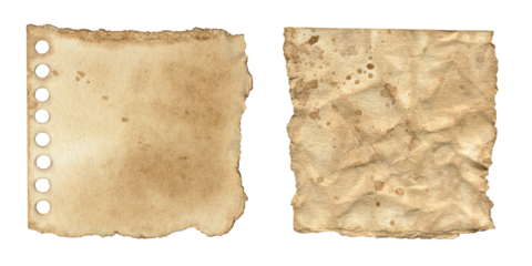 Set of Torn Paper and Notebook Sheets. Vintage brown newspaper scraps and beige craft textures with ripped edges. Old faded paper elements for collage, scrapbooking and contemporary design