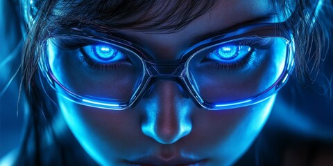 A beautiful woman wearing futuristic glasses with neon lights, in the style of cyberpunk, digital art, high-tech background, sci-fi elements, and holographic effects