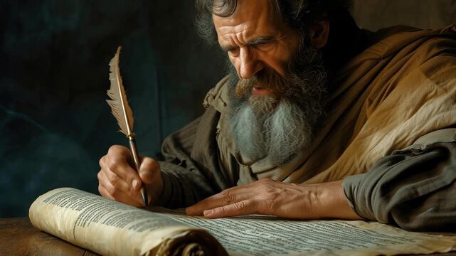 Apostle Paul writing in parchment scroll inspired by the Holy Spirit.	