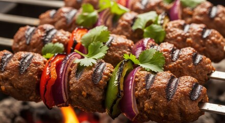 Sizzling Kofta Kebabs with Bell Peppers, Red Onion, and Cilantro Grilling Over Hot Coals