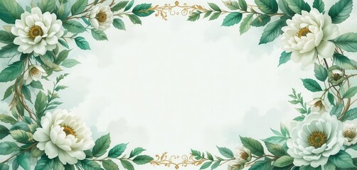 Watercolor Wedding Invitation Frame  Vintage Emerald Green Peonies and Roses with Delicate Gold Highlights.