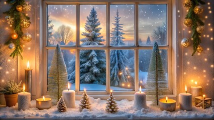 Photo of cozy christmas window view with snowcovered pine trees and festive candlelight decorations, creating a warm and inviting holiday atmosphere