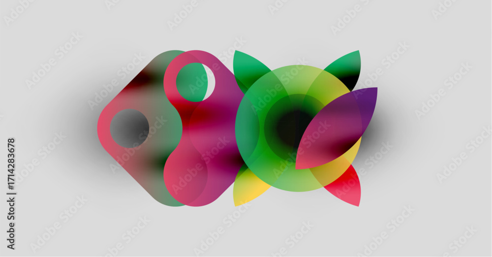 Poster abstract colorful shapes overlap, creating blurred gradients. composition features vibrant hues, sof